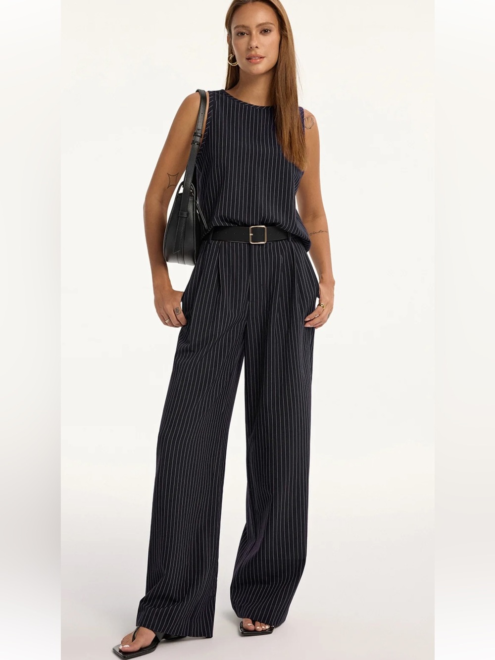 Commense Pinstripe Sleeveless Top and Pants Set with Belt